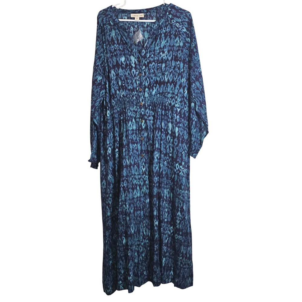 Coldwater Creek XL Blue Print Maxi Dress Long Sleeve Button NWOT Classic‎ Boho